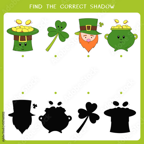 Find the correct shadow for Saint Patricks day symbol. Vector worksheet of simple educational game for kids