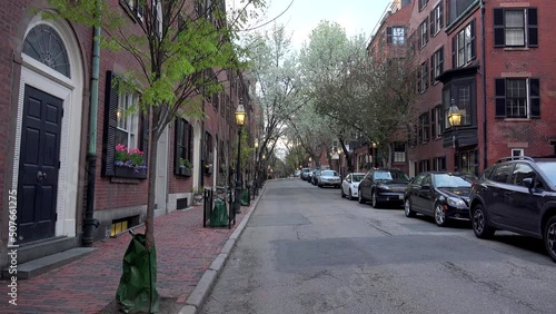 Beacon Hill historical neighborhood (W Cedar Strt) on spring. Boston, Massachusetts, USA.