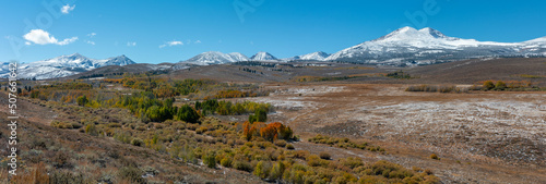 Panorama of fall colors with the snow covered Eastern Sierras in the distance