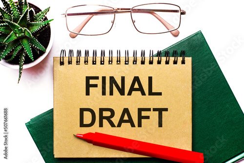 On a light background, gold-framed glasses, a flower in a pot, a green notebook, a red pen and a brown notebook with the text FINAL DRAFT. Business concept