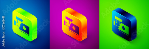 Isometric Kitchen meat grinder icon isolated on blue, purple and green background. Square button. Vector