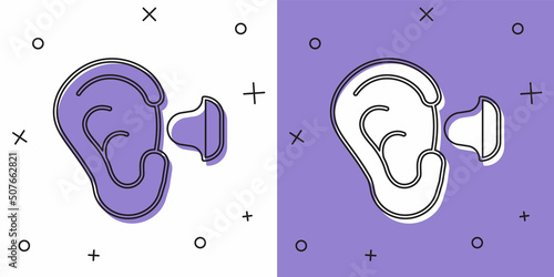 Set Earplugs and ear icon isolated on white and purple background. Ear plug sign. Noise symbol. Sleeping quality concept. Vector