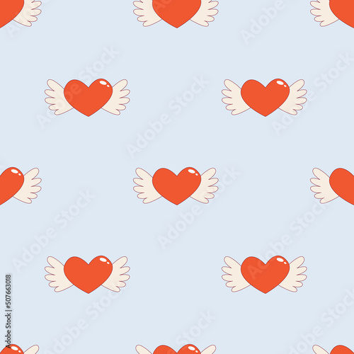 Heart with wings - flat color vector seamless pattern. Valentine's Day vector background.