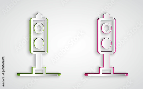 Paper cut Train traffic light icon isolated on grey background. Traffic lights for the railway to regulate the movement of trains. Paper art style. Vector