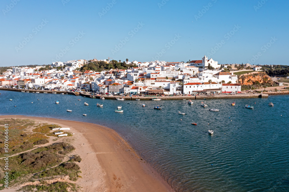 Aerial from the historical village Ferragudo in the Algarve Portugal Aerial from the historical village Ferragudo in the Algarve Portugal