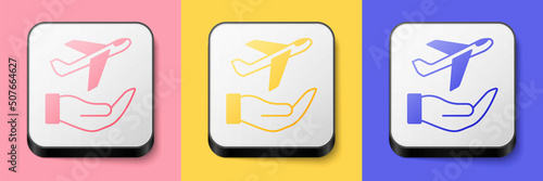 Isometric Plane in hand icon isolated on pink, yellow and blue background. Flying airplane. Airliner insurance. Security, safety, protection, protect concept. Square button. Vector