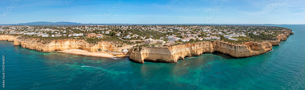 Aerial panorama from Praia do Vale de Centeanes in the Algarve Portugal