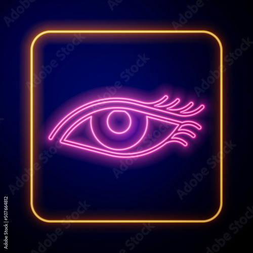 Glowing neon Beautiful woman eye icon isolated on black background. Vector