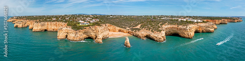Aerial panorama from Praia do Carvalho near Benagil in the Algarve Portugal