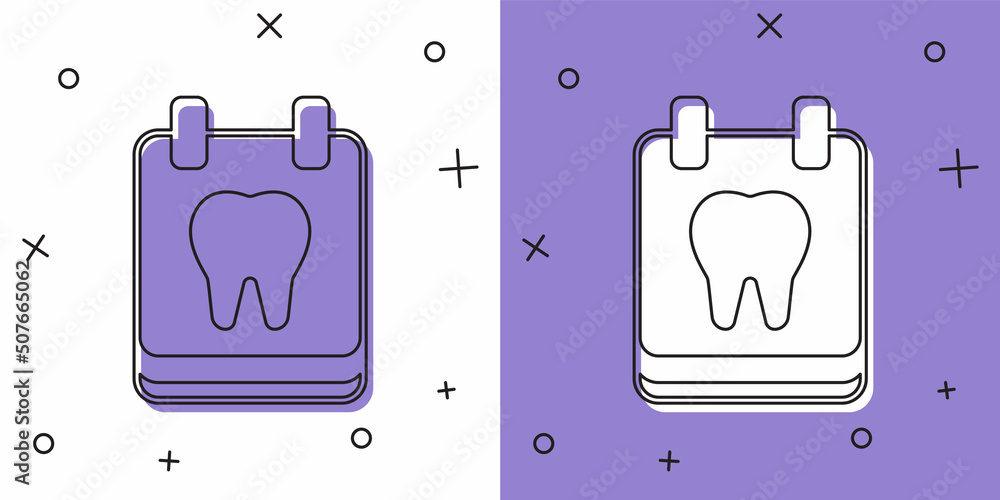 Set Calendar with tooth icon isolated on white and purple background. International Dentist Day, March 6. March holiday calendar. Vector Set Calendar with tooth icon isolated on white and purple background. International Dentist Day, March 6. March holiday calendar. Vector