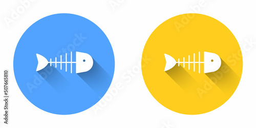 White Fish skeleton icon isolated with long shadow background. Fish bone sign. Circle button. Vector