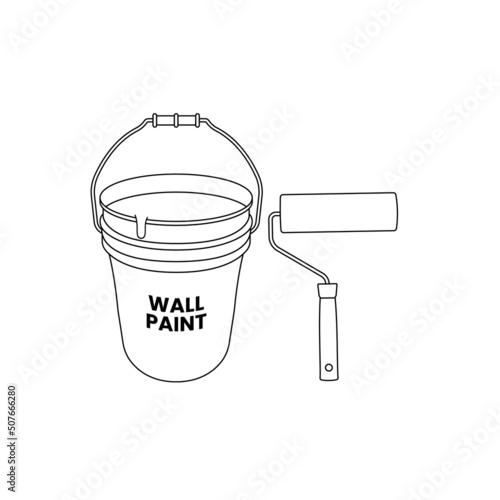 Paint Roller and Bucket Outline Icon Illustration on Isolated White Background