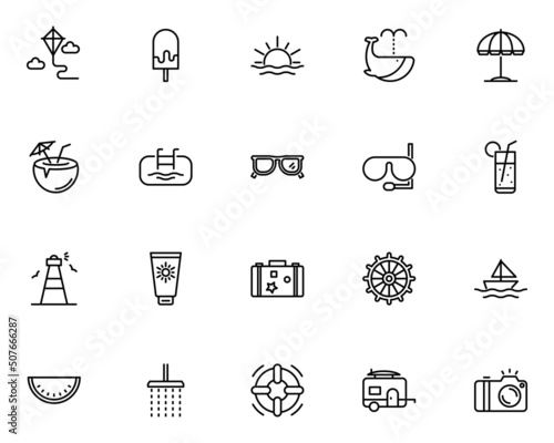 Fotografiet set of summer line icons, beach, sea, vacation, holiday
