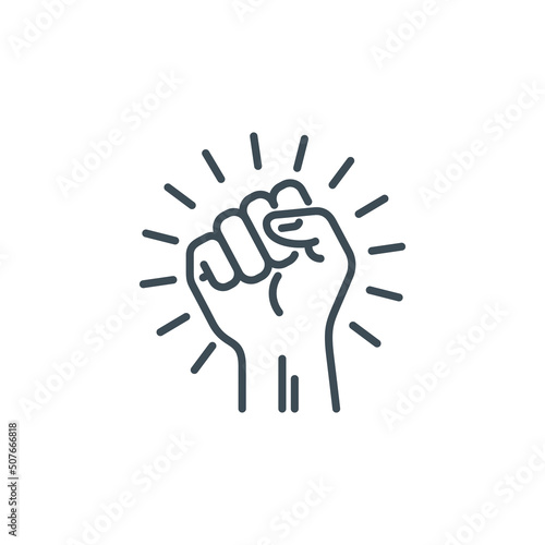 raised up fist in protest no war single line icon isolated on white. Perfect outline symbol raised up fist in revolution riot. freedom power design element with editable Stroke.People rights line icon