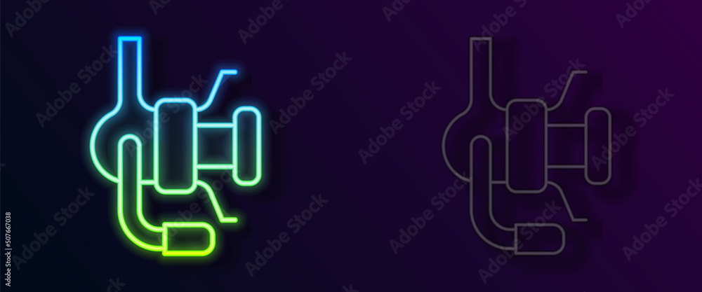 Glowing neon line Spinning reel for fishing icon isolated on black background. Fishing coil. Fishing tackle. Vector Glowing neon line Spinning reel for fishing icon isolated on black background. Fishing coil. Fishing tackle. Vector