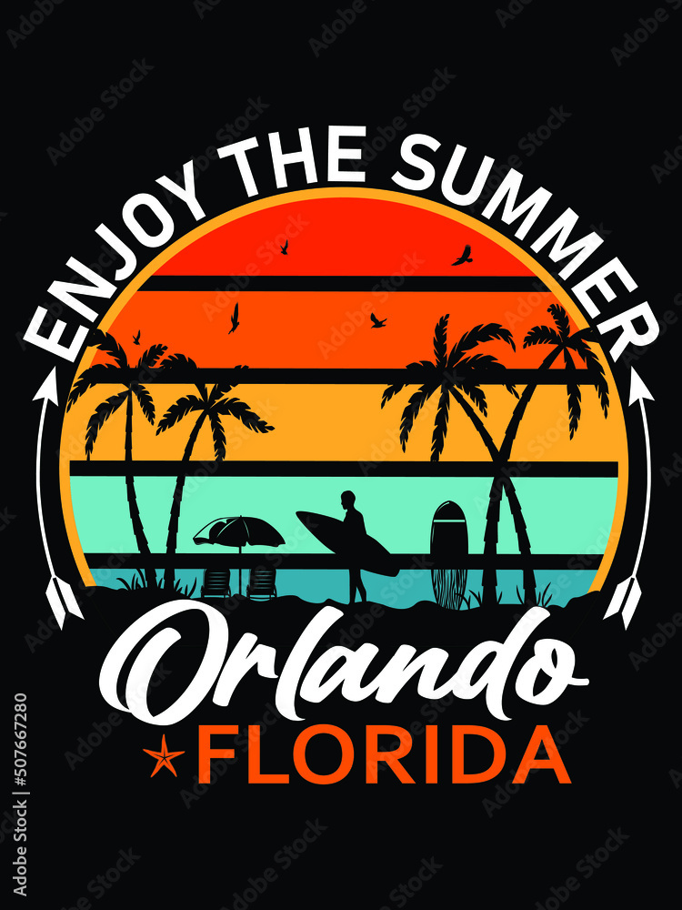 Enjoy the summer trendy t shirt design, Orlando, Florida t shirt design, coloring summer beach t shirt design ,summer poster