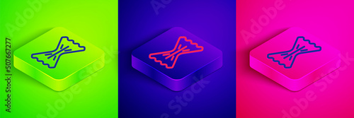 Isometric line Macaroni icon isolated on green, blue and pink background. Italian cuisine. Square button. Vector