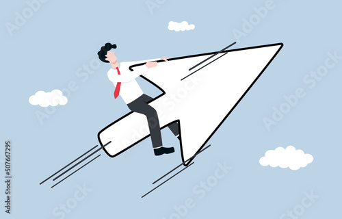 Digital marketing, Search Engine Optimization or online advertisement to reach more customers concept. Businessman riding mouse pointer to higher level metaphor of business growth with technology.