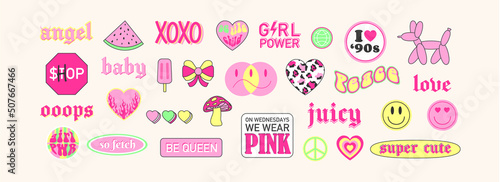 Cute trendy girly retro 2000s stickers with cartoon comic label patches. Girlish funny groovy vaporwave acid stickers in geometric shapes. Vector illustration of y2k , 90s graphic design badges