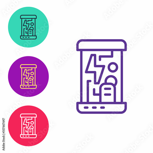 Set line Futuristic cryogenic capsules or containers icon isolated on white background. Cryonic technology for humans or cryogenic chamber. Set icons colorful. Vector