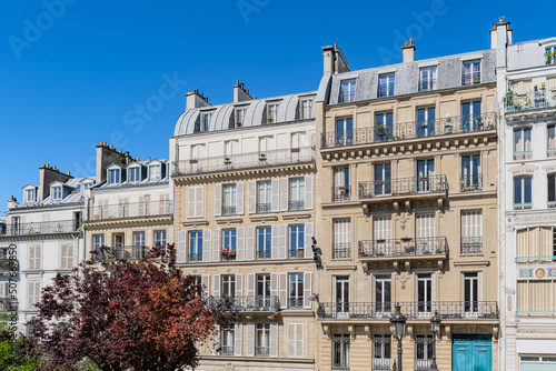 Paris, typical facade, beautiful building, with old zinc roofs 