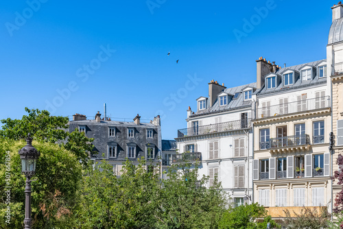 Photography Paris, typical facade, beautiful building, with old zinc roofs