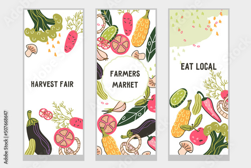 Farm food fair and harvest festival vertical banners or flyers collection. Farm organic production sale posters for social media and printing, vector illustration.