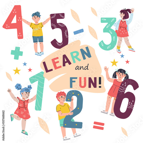 Kids math education banner or poster template with children learning learning numbers, count and mathematics. Education and early development concept for school and kindergarten.