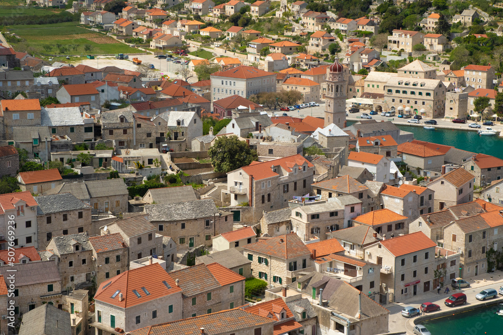 Cityscape of Pucisca town in Dalmatia island Brac Croatia