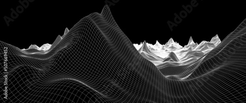 polygonal terrain, wireframe landscape, connection grid, futuristic 3d mountains, fine lines in motion, computer generated 3d tissue, network abstract illustrated, silky waves