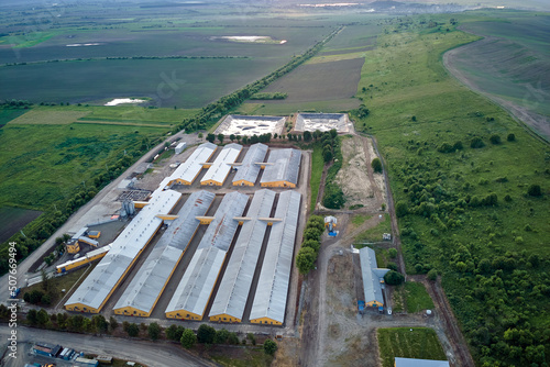 Aerial view of cattle farm buildings between green farmlands
