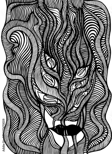 Black and white psychedelic face with demonic eyes, of crazy waves patterns Coloring page. Abstract decorative background with anthropomorphic face.