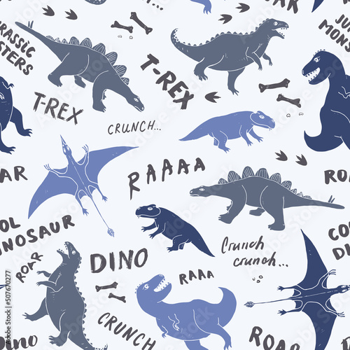 Dino Seamless Pattern  Cute Cartoon Dinosaurs Doodles Vector Illustration