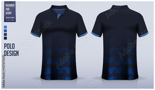Blue Polo shirt mockup template design for soccer jersey, football kit, golf, tennis, or sport uniform. Fabric pattern design.