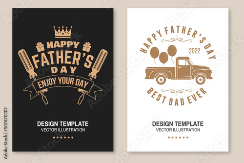 Happy Father's Day badge, logo design. Vector illustration. Flyer, brochure, banner, poster for Father's Day Designs with retro pickup truck, crown, gift, screwdriver.