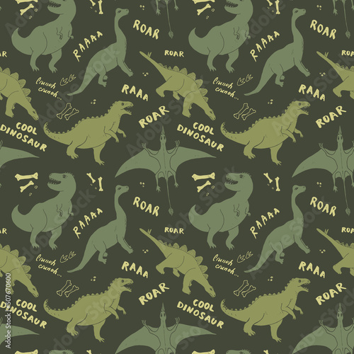 Dino Seamless Pattern, Cute Cartoon Dinosaurs Doodles Vector Illustration