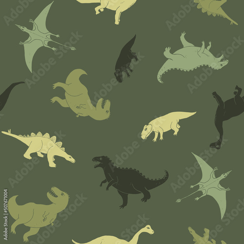 Dino Seamless Pattern, Cute Cartoon Dinosaurs Doodles Vector Illustration