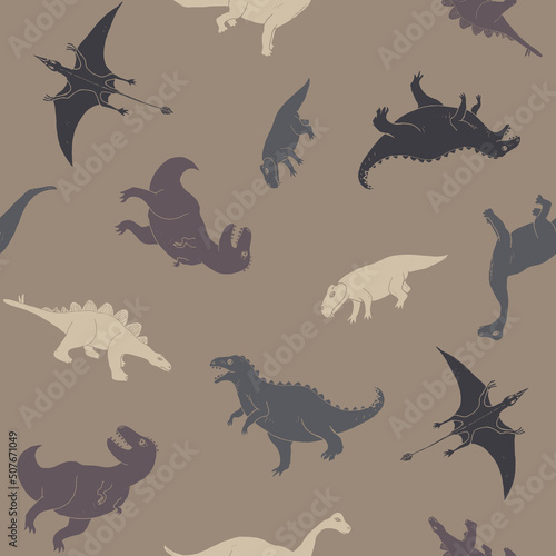 Dino Seamless Pattern, Cute Cartoon Dinosaurs Doodles Vector Illustration