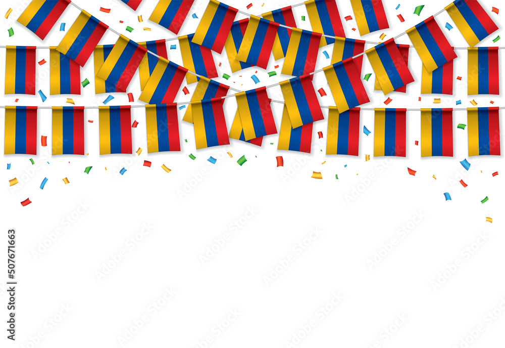 Armenia flag garland white background with confetti, Hang bunting for Armenia independence day celebration template banner, Vector illustration Armenia flag garland white background with confetti, Hang bunting for Armenia independence day celebration template banner, Vector illustration