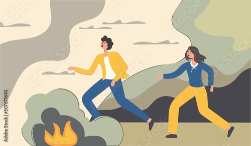 People are Ukrainian refugees fleeing the war. Explosions, bombs, shells, fire. The concept of the threat of war, danger, human casualties. Vector illustration. Flat style. Banner, poster.