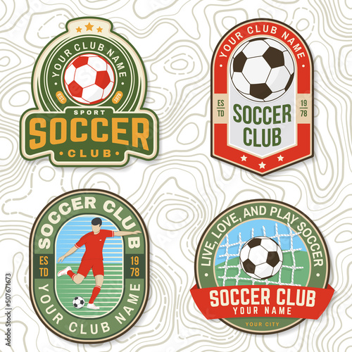 Set of soccer, football club patch design. Vector illustration. For football club sign, logo. Vintage color label, sticker, patch, goalkeeper and gate with soccer and football player silhouettes.