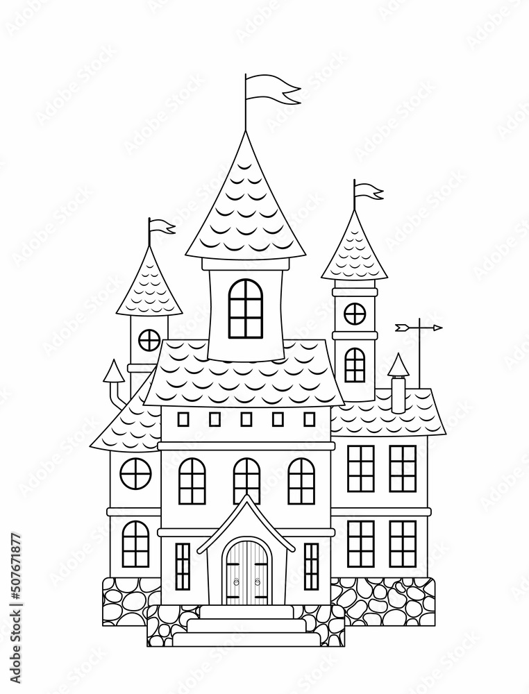 Castle coloring page. Black and white medieval castle. Vector