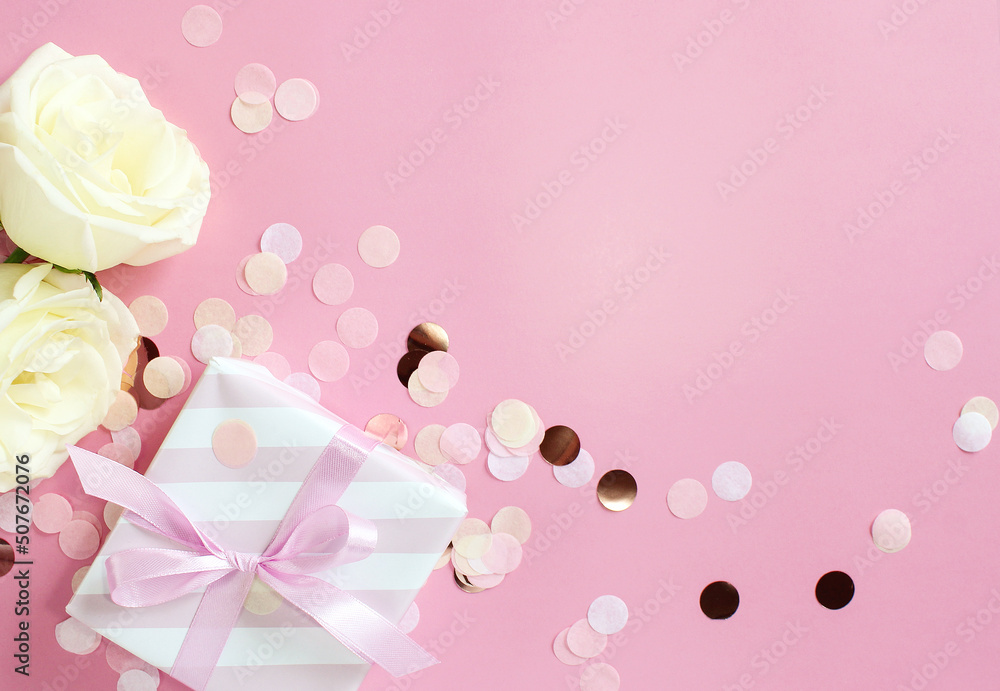 gift boxes and rose flowers on pink background. Happy Valentines day, Mothers day, birthday concept. Romantic flat lay composition. gift boxes and rose flowers on pink background. Happy Valentines day, Mothers day, birthday concept. Romantic flat lay composition.
