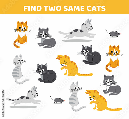 Fototapeta Naklejka Na Ścianę i Meble -  Cats. Find two same pictures. Game for children. Flat, cartoon, vector