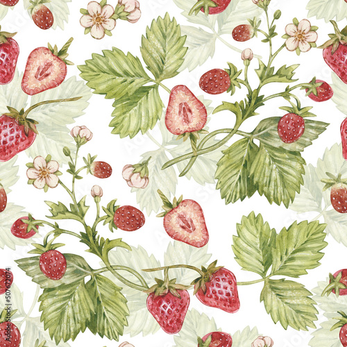 Watercolor seamless pattern with vintage strawberry branch with berries, leaves and flowers. Isolated on white.