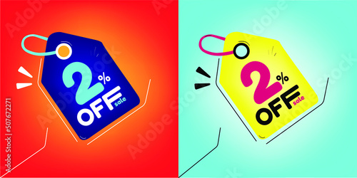 Discount tag for promotion with sale 2% off. Same model with different colors split in half in the background