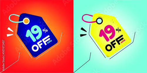 Discount tag for promotion with sale 19% off. Same model with different colors split in half in the background