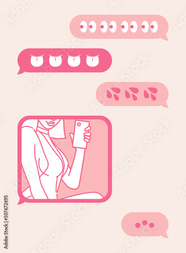 Adult Messaging, Sexting Illustration. Chat Bubbles With Suggestive Emojis, Young Woman Sending Semi Nude Mirror Selfie, Photo Of Herself.