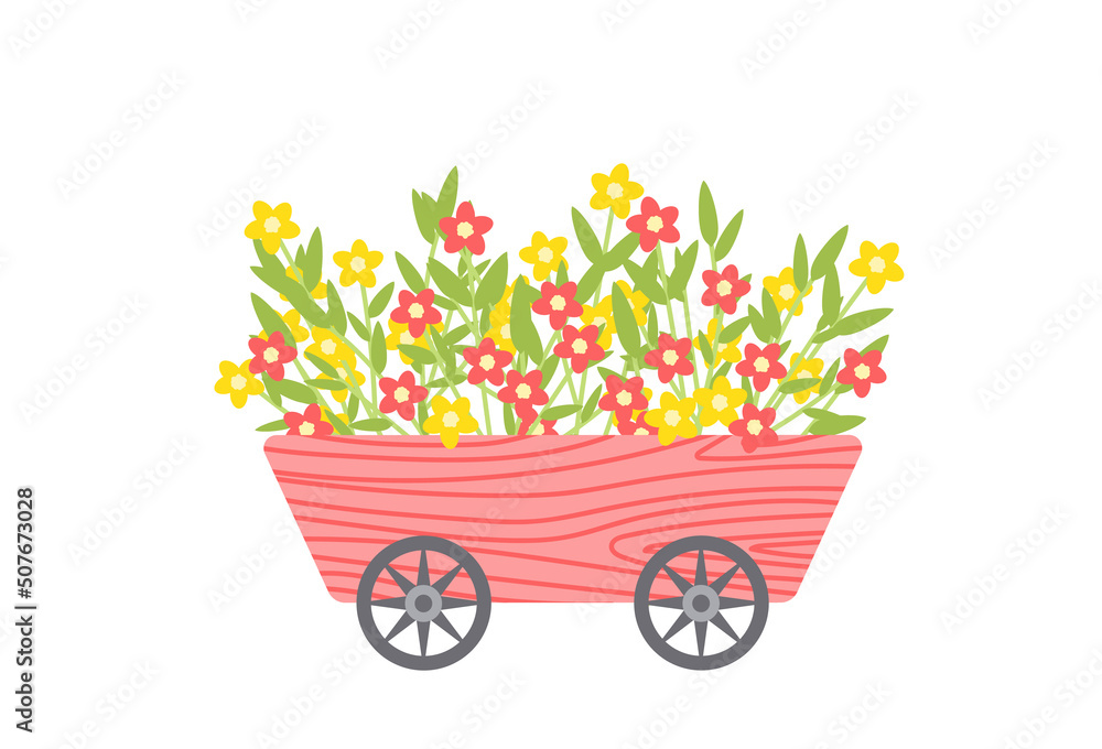 Cart with blooming flowers. Garden floral wooden wheelbarrow. Flat, cartoon, isolated