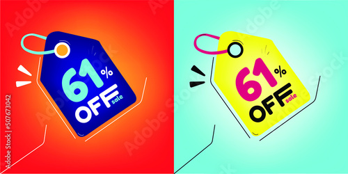 Discount tag for promotion with sale 61% off. Same model with different colors split in half in the background